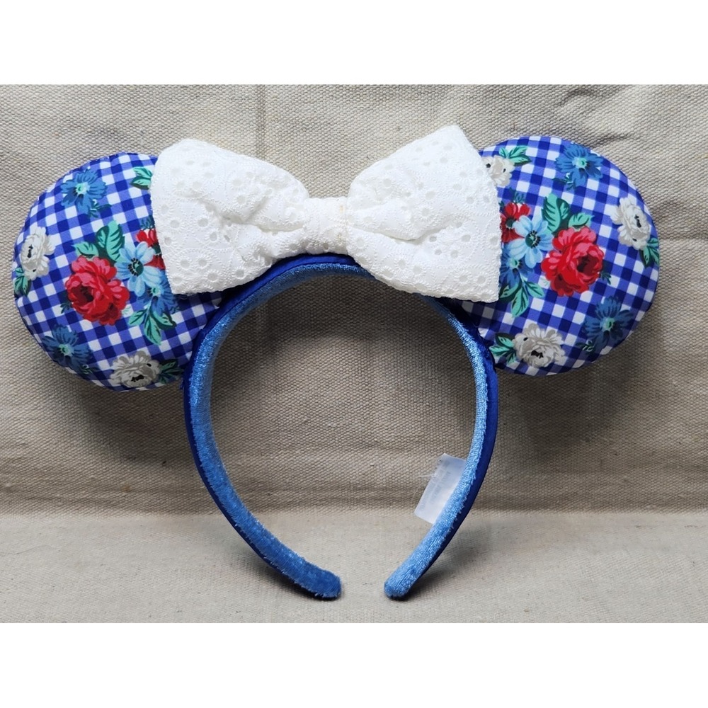 Disney Parks Minnie Mouse Ears Headband Blue Cottage Gingham Floral White Bow